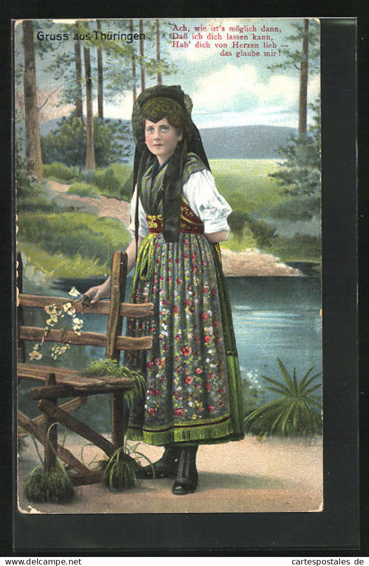 AK Frau An Einer Bank In Thüringischer Tracht  - Costumes