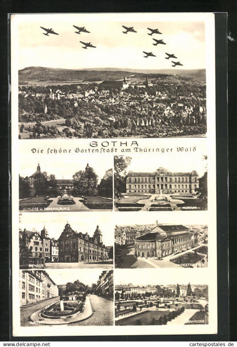 AK Gotha, Ortsansicht, Schloss Und Denkmalplatz, Museum, Landestheater, Wasserkünste Und Orangerie  - Théâtre