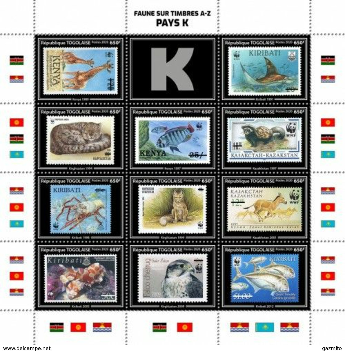 Togo 2020, Stamp On Stamp, WWF, Giraffe, Fish, Cats, Crabs, Horse, Falcon, 11val In BF - Horses