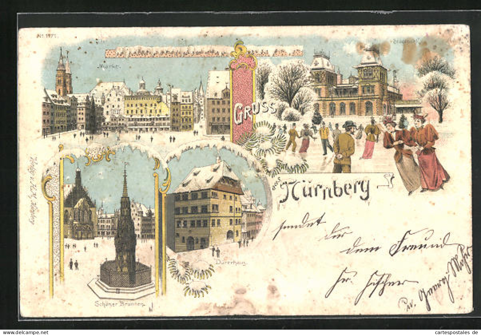 Winter-Lithographie Nürnberg, Dürerhaus, Brunnen, Markt  - Autres & Non Classés