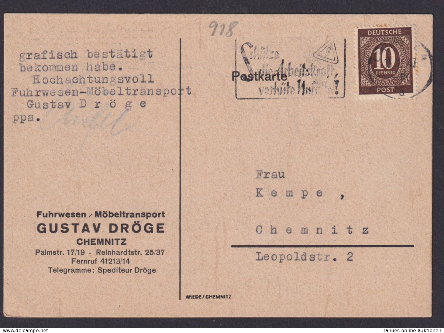 All. Besetzung EF 918 Postkarte Chemnitz Fuhrwesen Mäbeltransporte Gustav Dröge - Autres & Non Classés