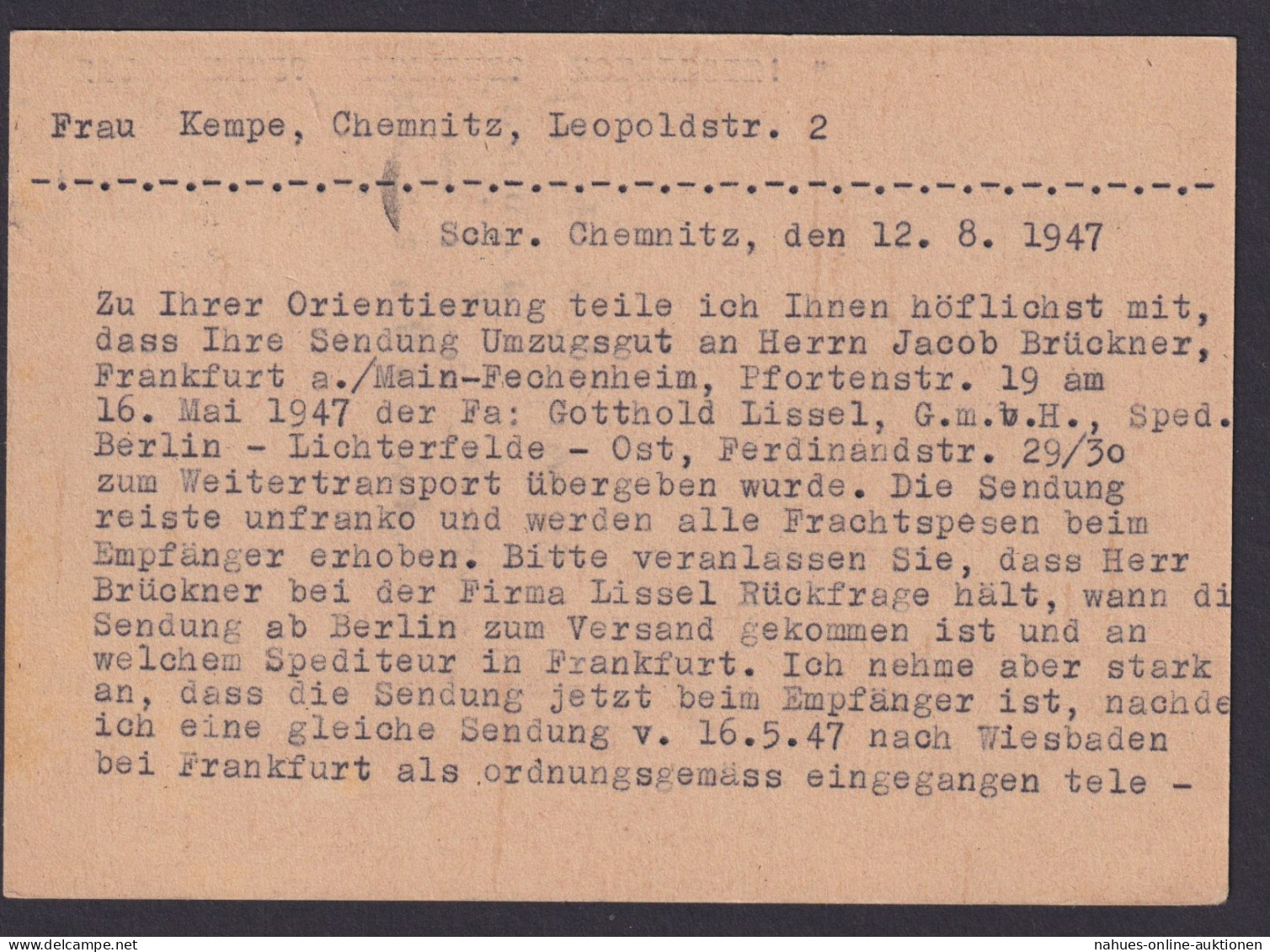 All. Besetzung EF 918 Postkarte Chemnitz Fuhrwesen Mäbeltransporte Gustav Dröge - Other & Unclassified