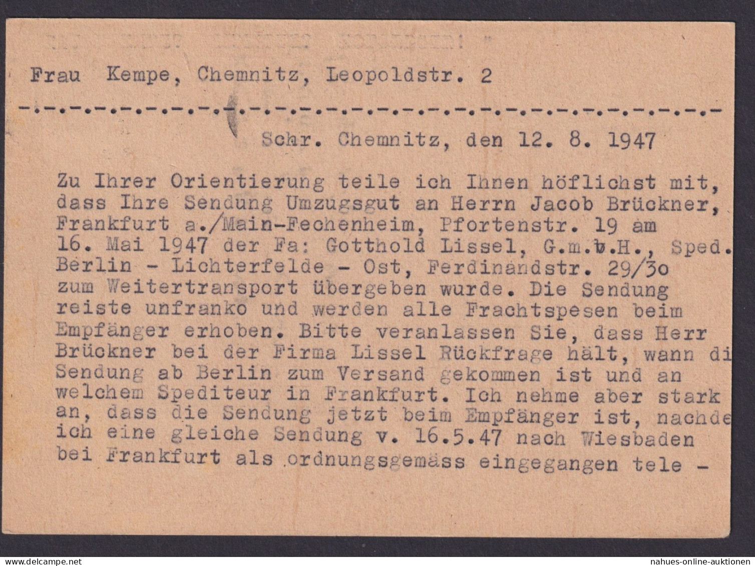 All. Besetzung EF 918 Postkarte Chemnitz Fuhrwesen Mäbeltransporte Gustav Dröge - Autres & Non Classés