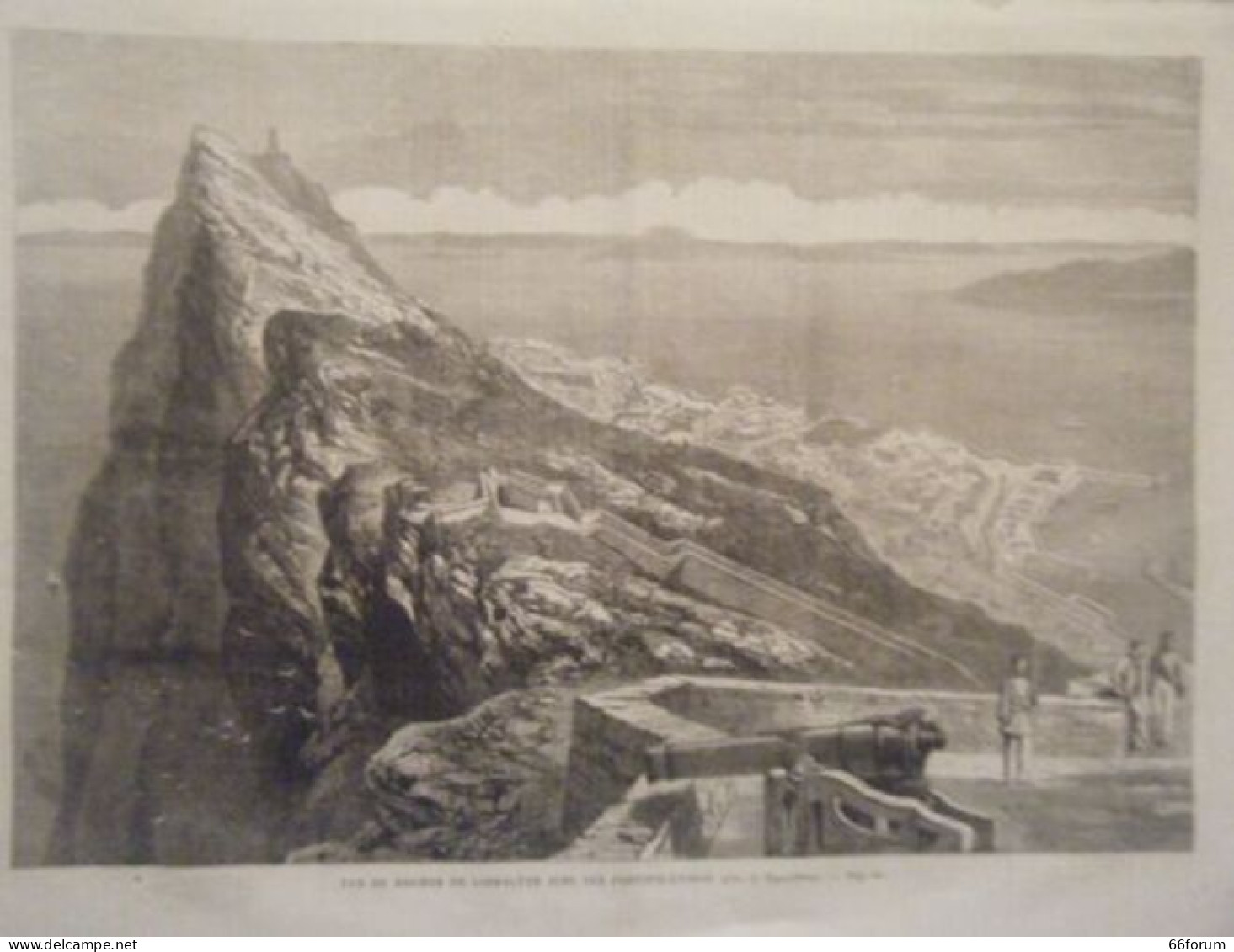 GRAVURE SUR BOIS 19ème VUE DU ROCHER DE GIBRALTAR AVEC LES FORTIFICATIONS - Altri & Non Classificati