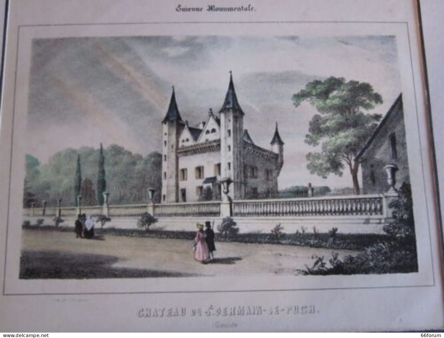 LITHOGRAPHIE AQUARELLEE 19 ème CHATEAU DE SAINT GERMAIN DE PUCH GIRONDE - Autres & Non Classés