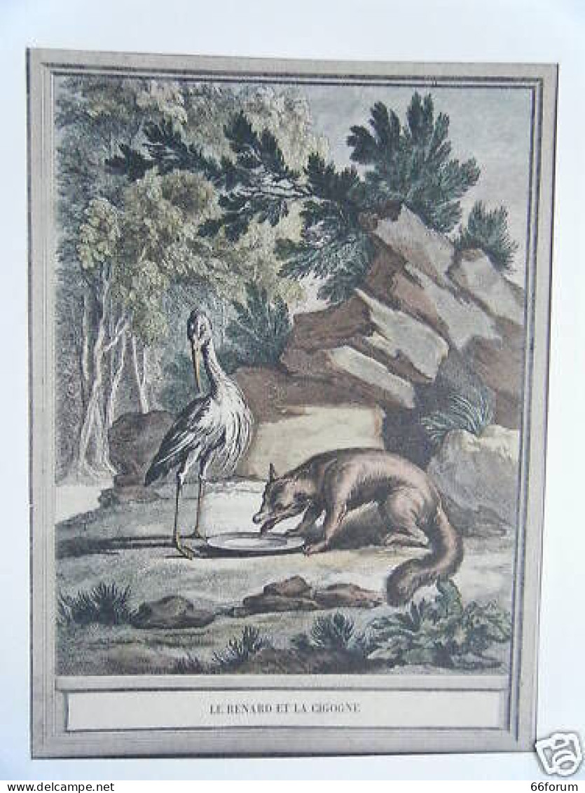 GRAVURE 19ème AQUARELLEE LE RENARD ET LA CIGOGNE - Otros & Sin Clasificación