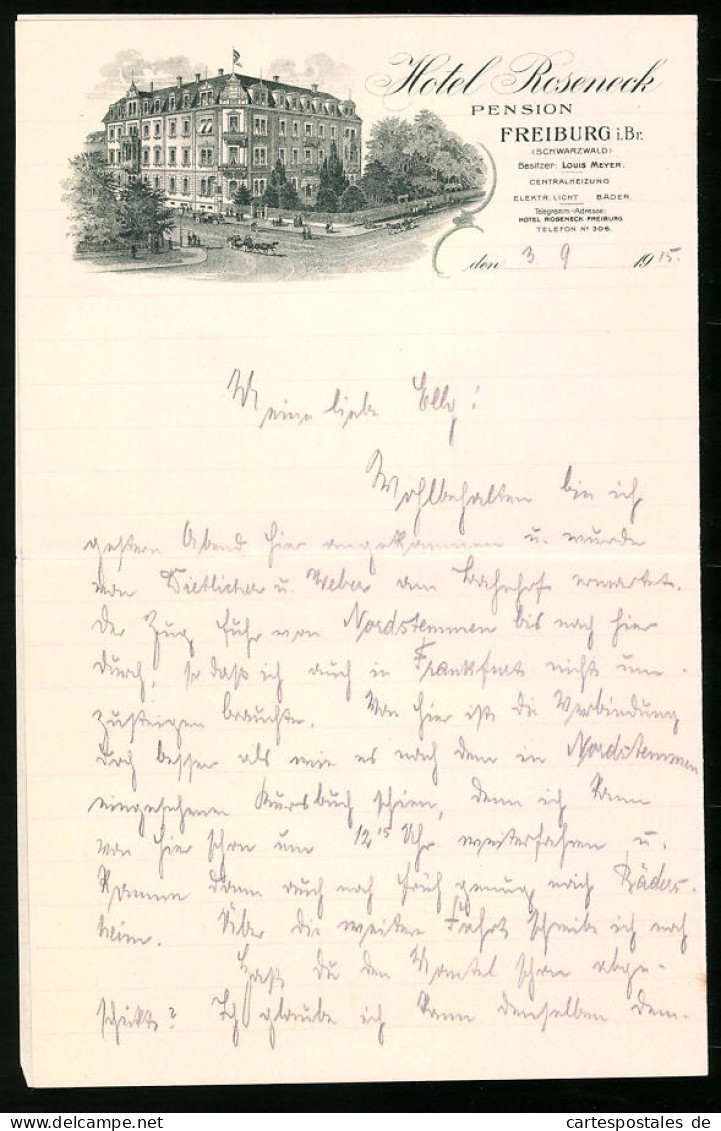 Briefkopf Freiburg I. Br. 1915, Hotel Roseneck, Von Louis Meyer, Blick Auf Das Hotel  - Sonstige & Ohne Zuordnung