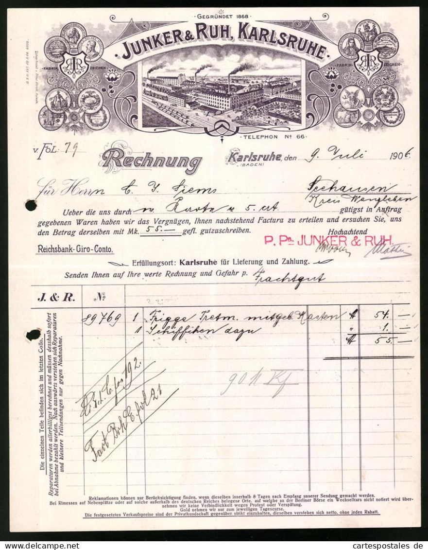 Rechnung Karlsruhe 1906, Fima Junker & Ruh, Werksansicht  - Andere & Zonder Classificatie