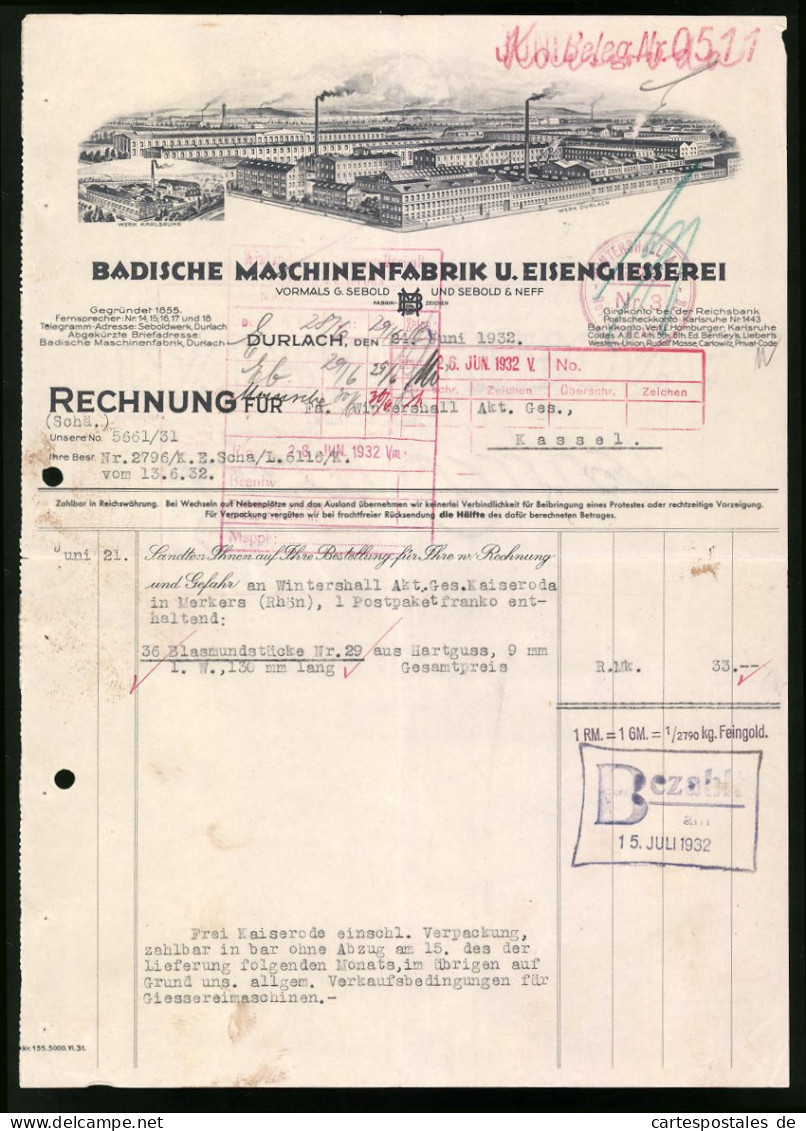 Rechnung Durlach 1932, Badische Maschinenfabrik U. Eisengiesserei, Werk Durlach Und Werk Karlsruhe  - Other & Unclassified