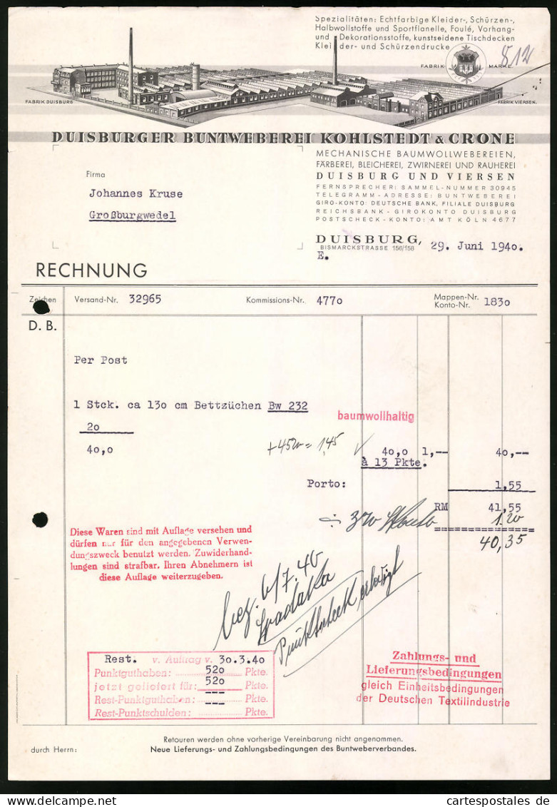 Rechnung Duisburg 1940, Duisburger Buntweberei Kohlstedt & Crone, Baumwollweberei, Werksanalge  - Autres & Non Classés