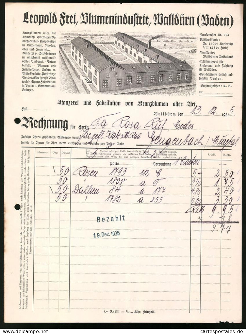 Rechnung Walldürn / Baden 1935, Stanzerei Und Fabrikation Von Kranzblumen, Leopold Frei, Werksanlage  - Other & Unclassified