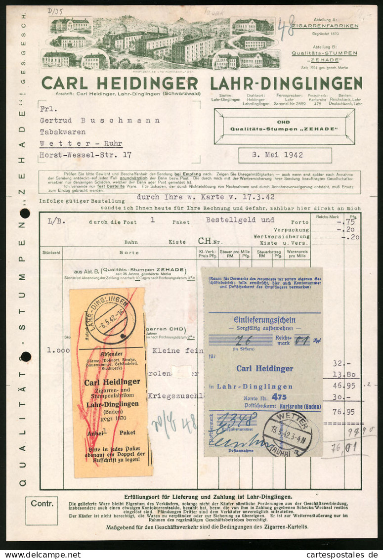 Rechnung Lahr-Dinglingen, Zigarrenfabrik Carl Heidinger, Werksansicht, Einlieferungsschein  - Autres & Non Classés