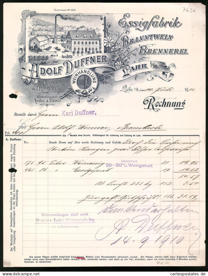 Rechnung Lahr I. B. 1910, Essigfabrik & Brantwein Brennerei Adolf Duffner, Blick Auf Das Werk  - Altri & Non Classificati