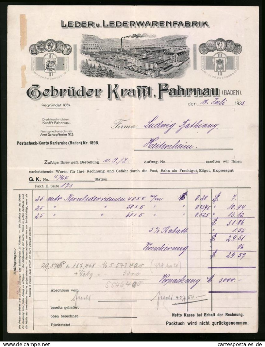Rechnung Fahrnau / Baden 1923, Leder Und Lederwarenfabrik Gebrüder Krafft, Blick Auf Das Werk  - Other & Unclassified