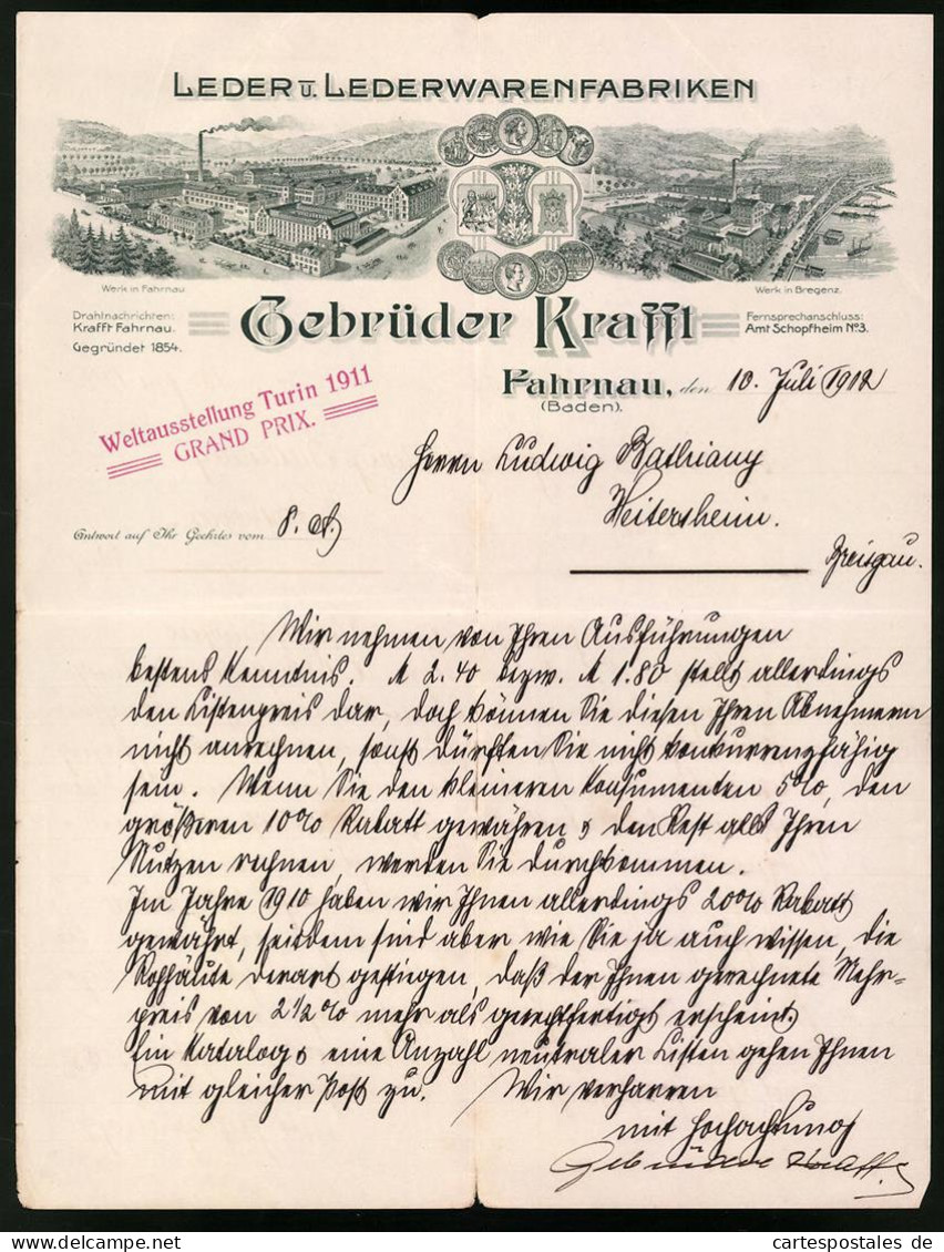 Rechnung Fahrnau 1912, Leder Und Lederwarenfabrik Gebrüder Krafft, Ansicht Der Werke  - Altri & Non Classificati