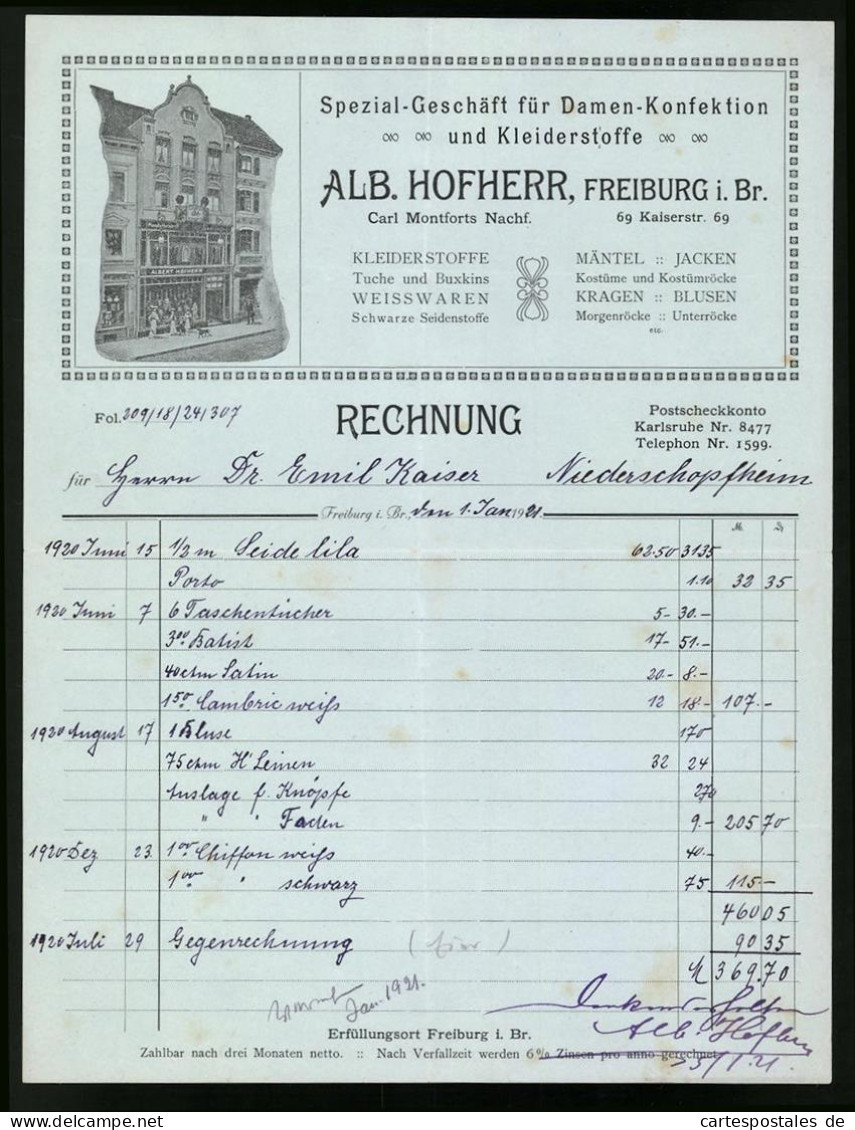 Rechnung Freiburg I. Br. 1921, Spezial Geschäfft Für Damen Konfektion-Kleiderstoff, Verkaufshaus  - Altri & Non Classificati