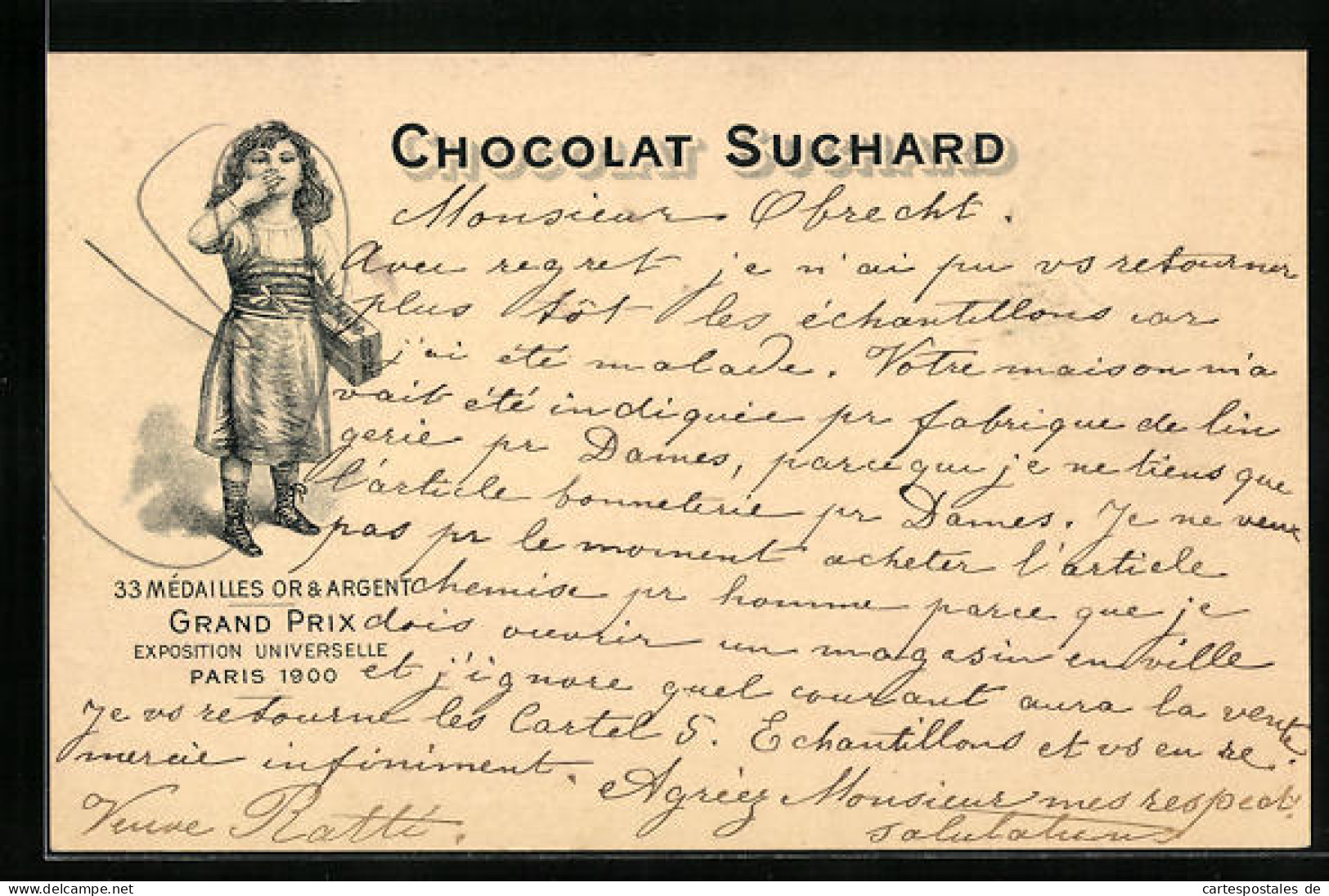 Lithographie Reklame Für Chocolat Suchard, Mädchen Mit Kusshand Als Dank Für Schokolade  - Cultivation