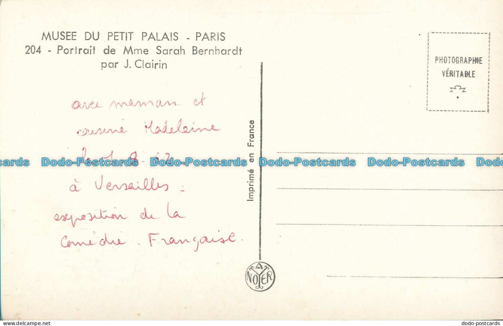 R007860 Postcard. Musee Du Petit Palais. Paris. Portrait De Mme Sarah Bernhardt - Welt