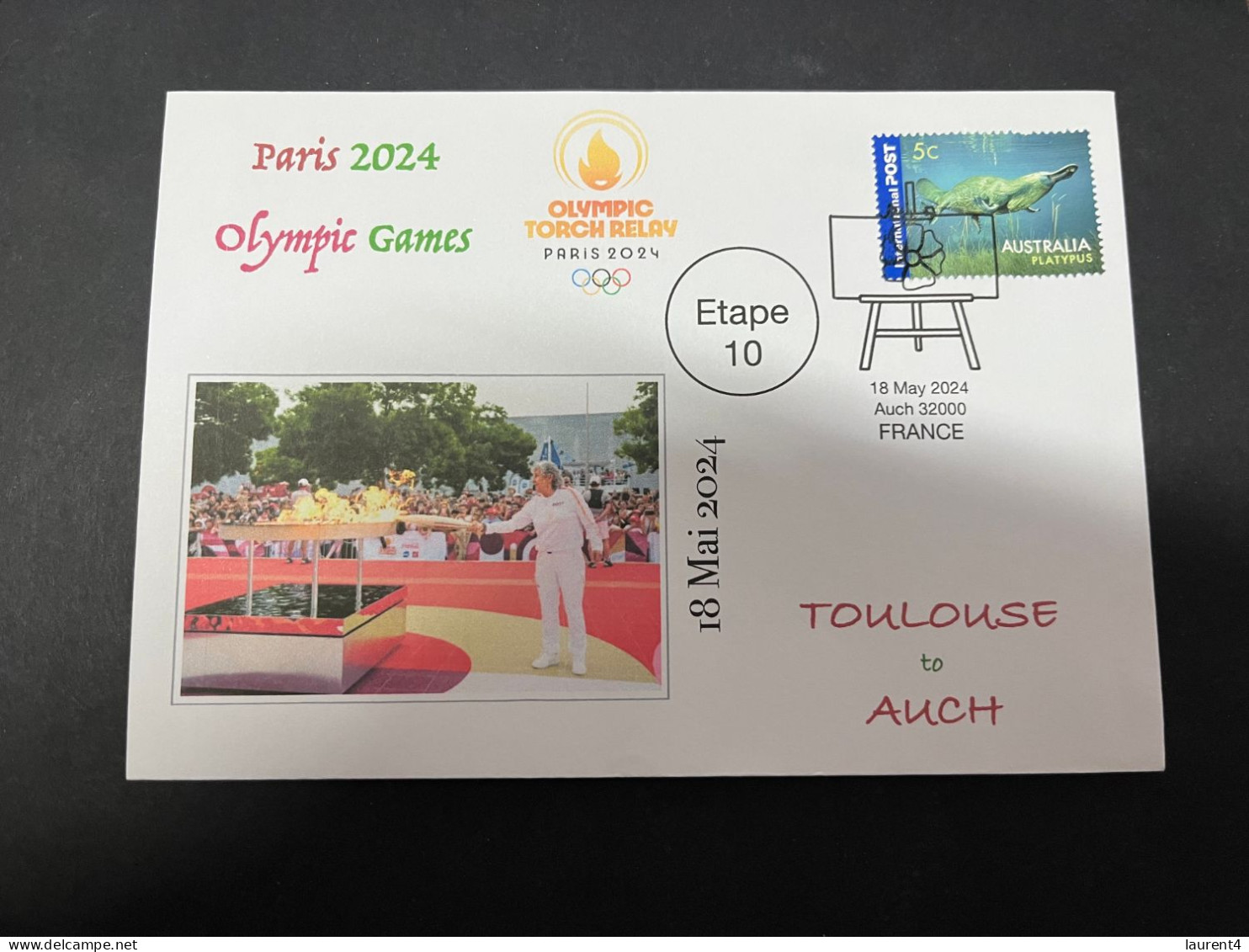 19-5-2024 (5 Z 27) Paris Olympic Games 2024 - Torch Relay (Etape 10) In Auch (18-5-2024) With Platypus Stamp - Estate 2024 : Parigi