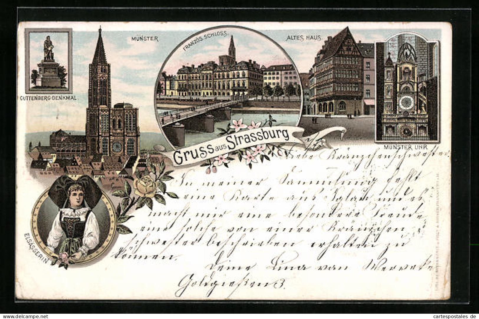 Lithographie Strassburg, Französ. Château, Münster Uhr, Gutenberg-monument  - Andere & Zonder Classificatie