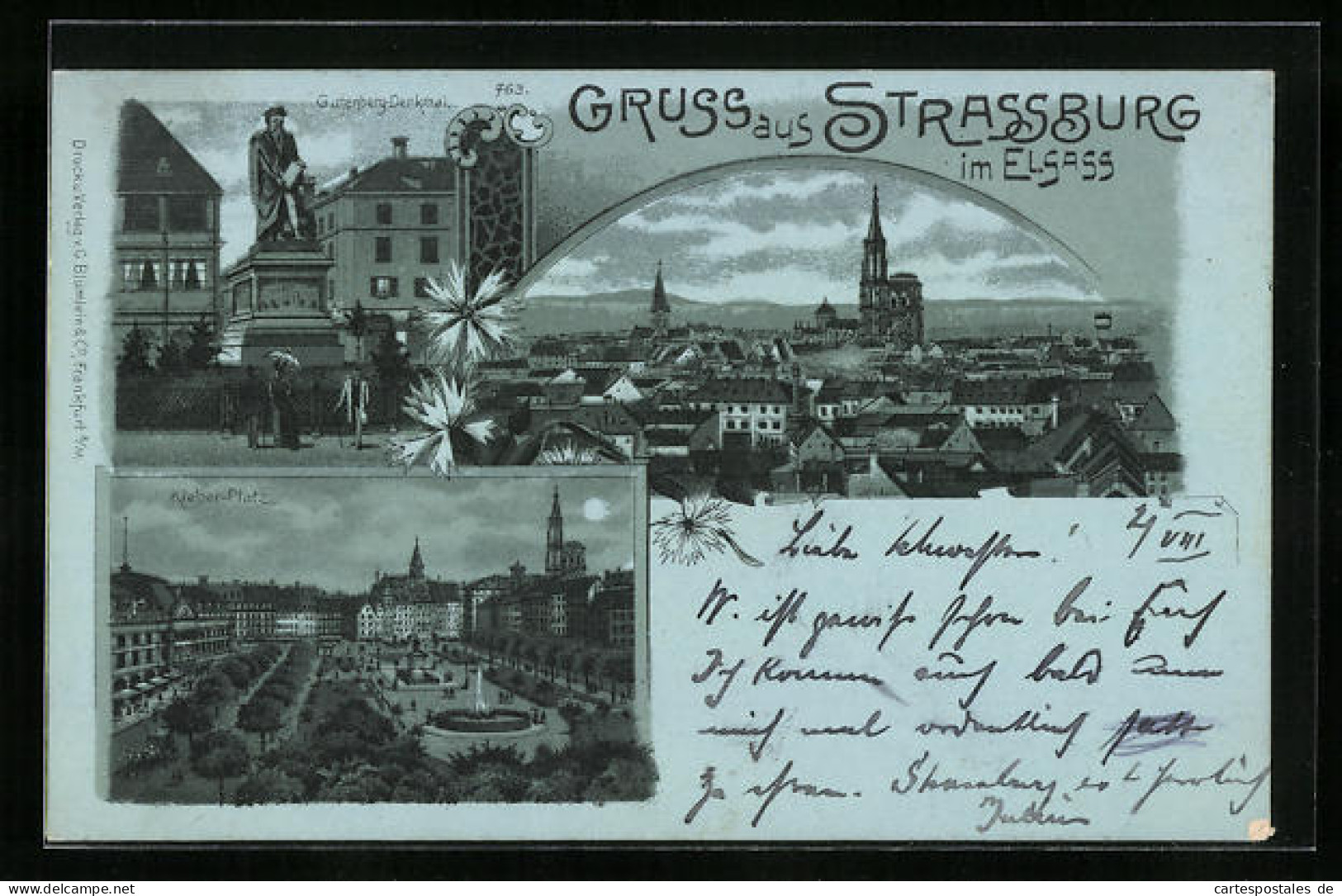 Lithographie Clair De Lune Strassburg, Gutenberg-monument, Kleber-Platz  - Other & Unclassified