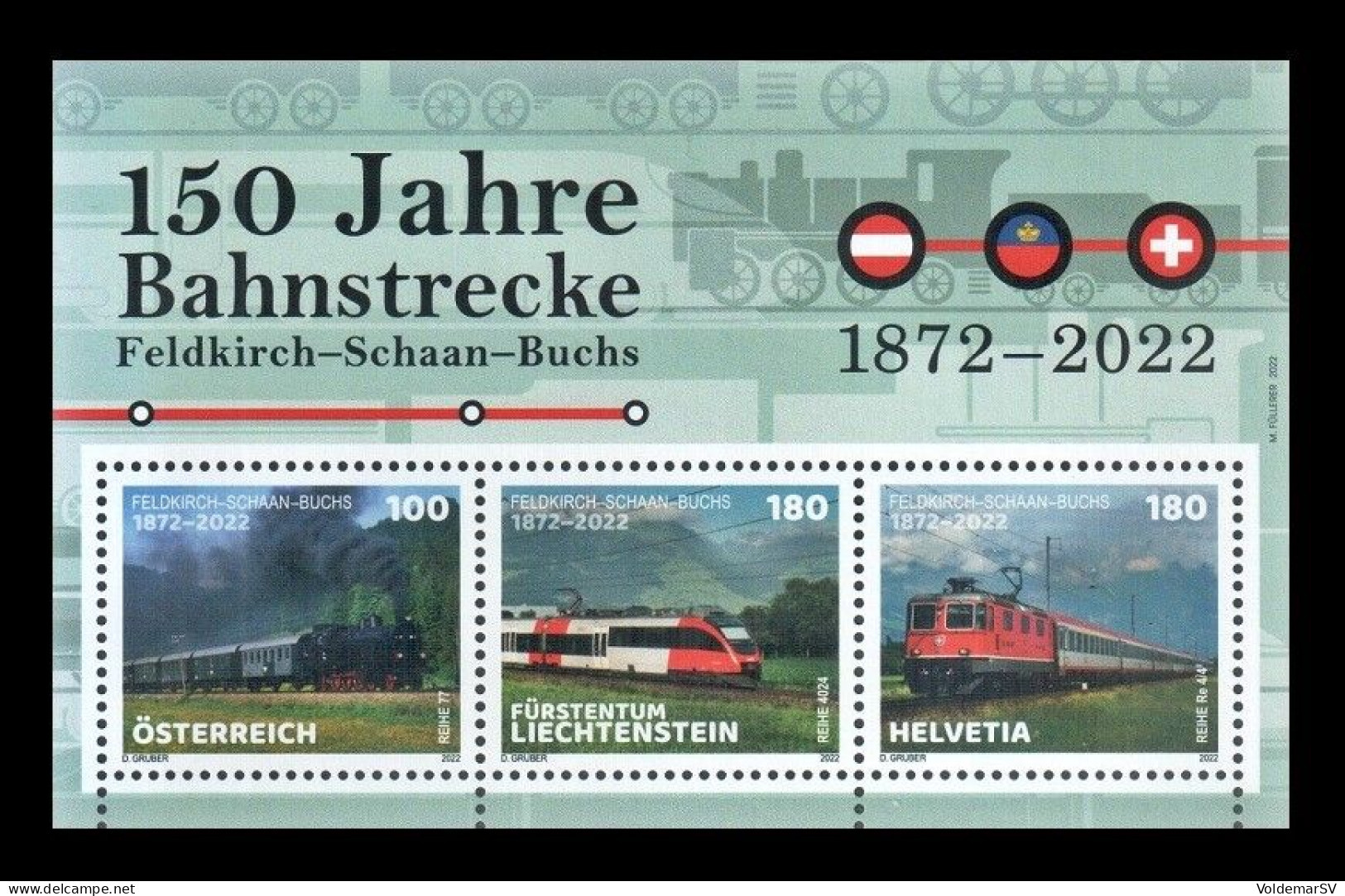 Austria 2022 Mih. 3672 (Bl.137) Liechtenstein Mih. 2065 (Bl.48) Switzerand Mih. 2826 (Bl.95) Railway MNH ** - Joint Issues