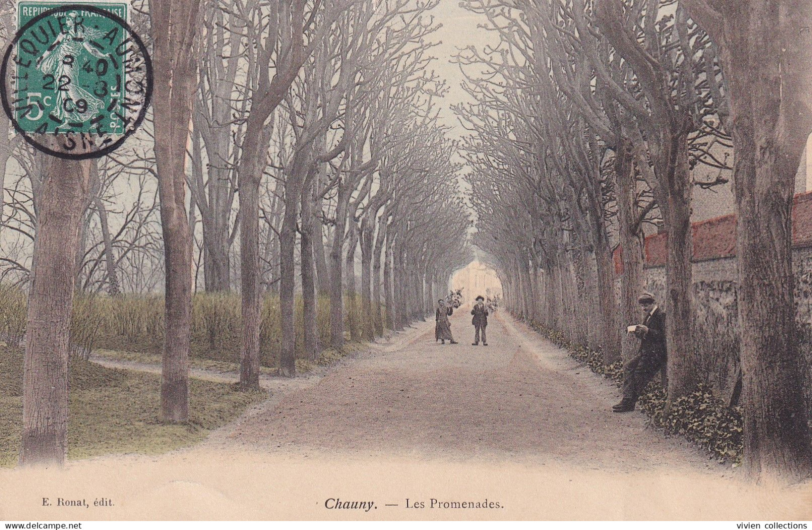 Chauny (02 Aisne) Les Promenades - édit. Ronat Colorisée Circulée 1909 De Villequier Aumont - Chauny