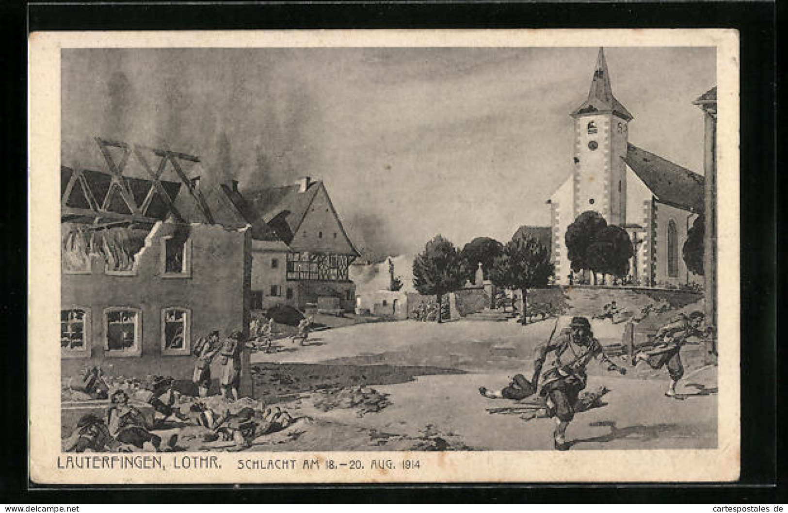 CPA Illustrateur Lauterfingen, Schlacht 1914, Vue Partielle Avec Des Soldats  - Autres & Non Classés