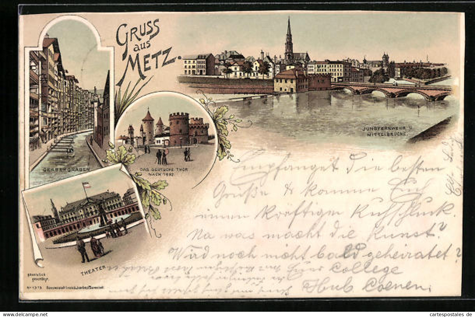 Lithographie Metz, Deutsches Thor, Jungfernwehr U. Mittelbrücke, Gerbergraben  - Metz