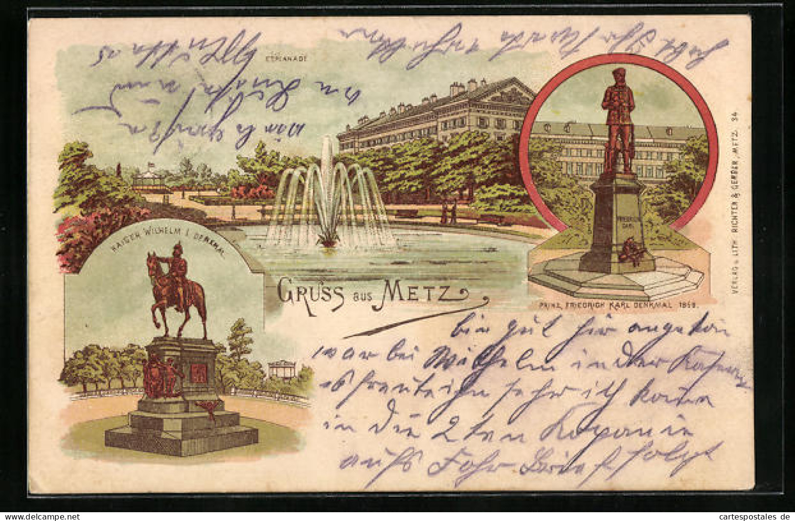 Lithographie Metz, Kaiser Wilhelm I. Monument, Esplanade  - Metz