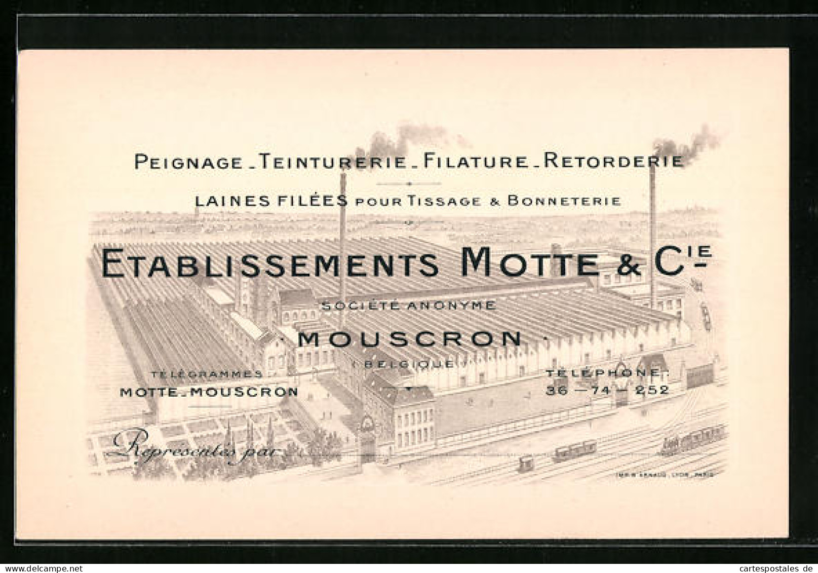 Vertreterkarte Mouscron, Etablissements Motte & Cie., Peignage-Teinturereie, Werksansicht  - Non Classés