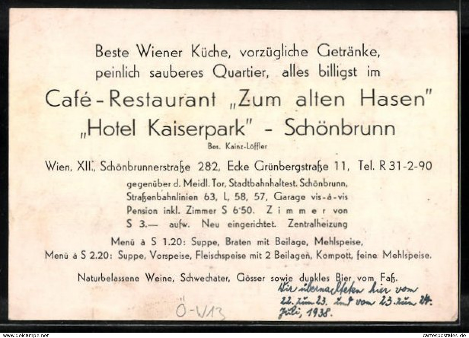 Vertreterkarte Schönbrunn, Hotel Kaiserpark Von Kains-Löffler, Blick Auf Das Hotel  - Non Classés