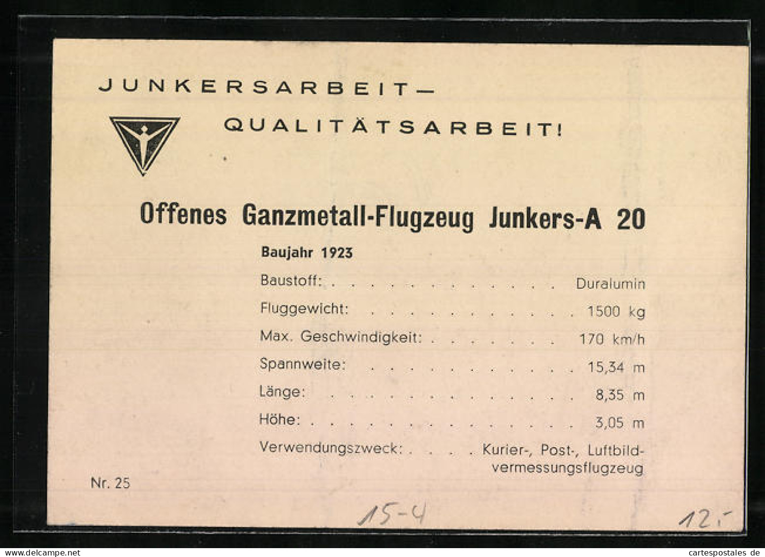 AK Flugzeug Junkers-A 20  - Other & Unclassified