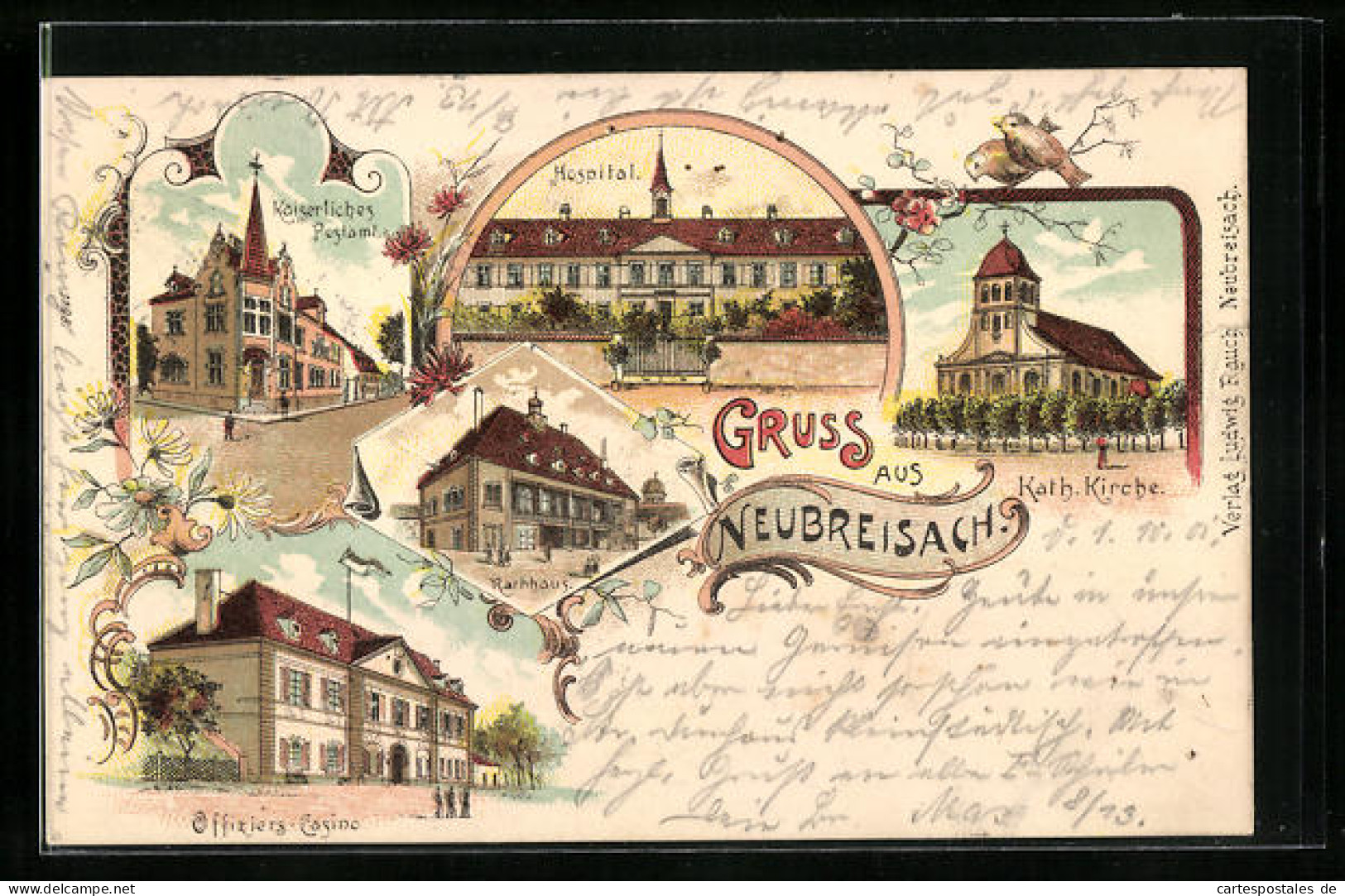 Lithographie Neubreisach, Hospital, Hôtel De Ville, Offiziers-Casino  - Autres & Non Classés