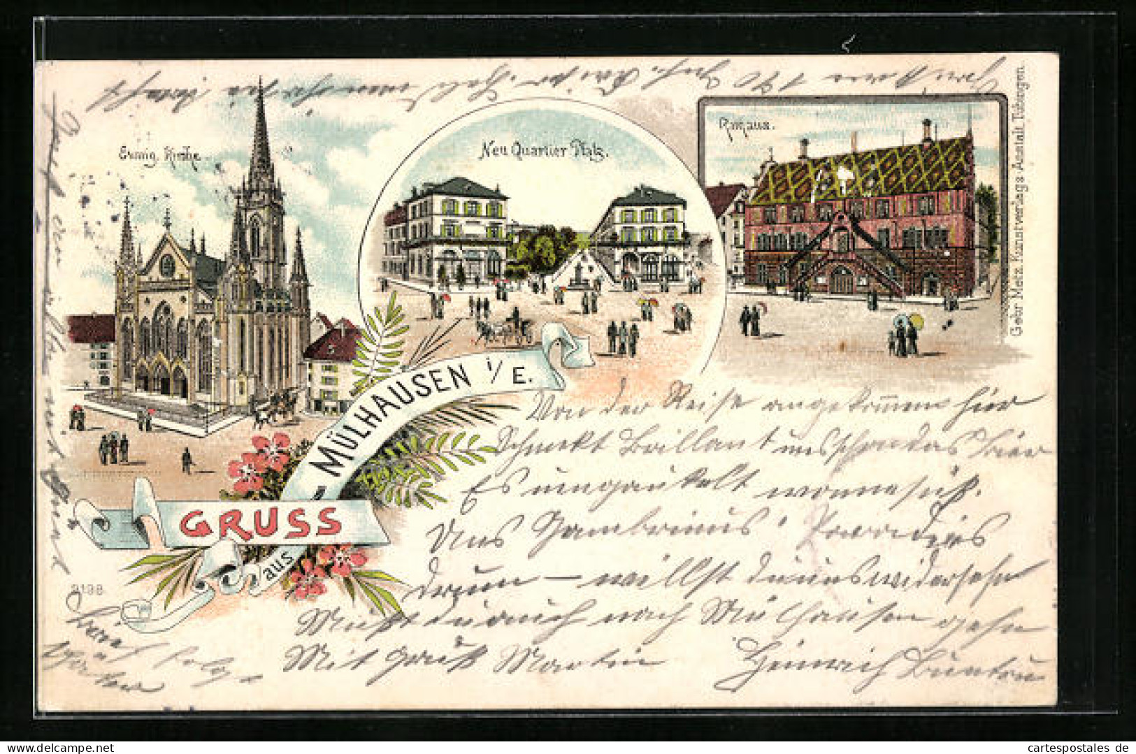 Lithographie Mülhausen, Evang. L'Église, Hôtel De Ville, Neu-Quartier-Platz  - Autres & Non Classés
