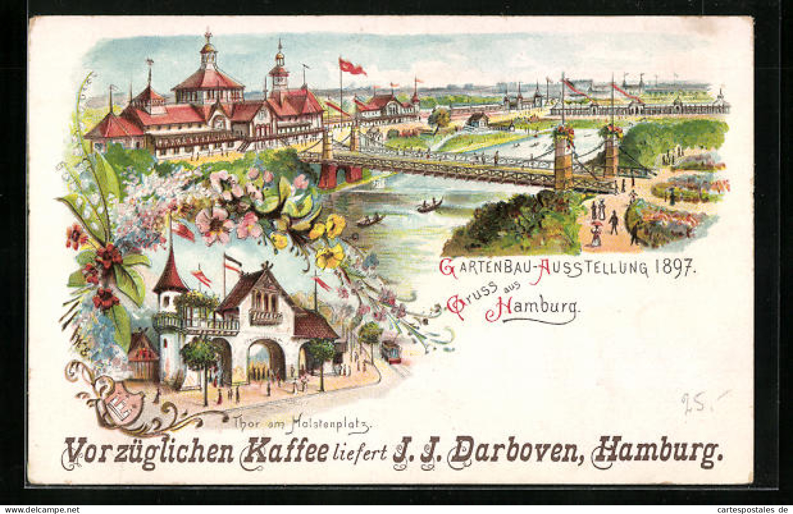 Lithographie Hamburg, Gartenbau-Ausstellung 1897, Thor Am Holstenplatz, Darboven Kaffee Reklame  - Expositions