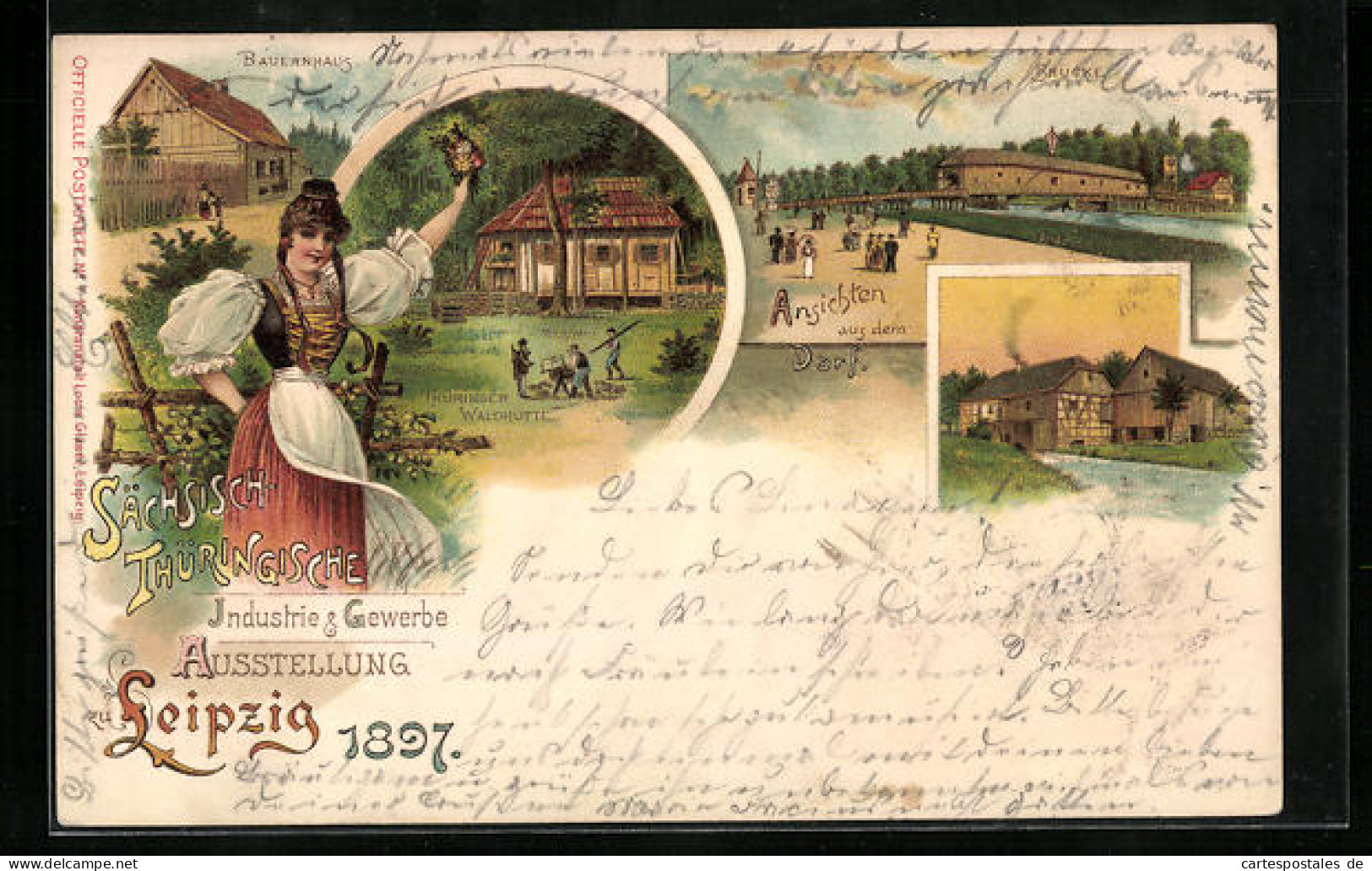 Lithographie Leipzig, Industrie - Und Gewerbe-Ausstellung 1897, Bauernhaus, Waldhütte, Brücke, Trachtenmädchen  - Expositions