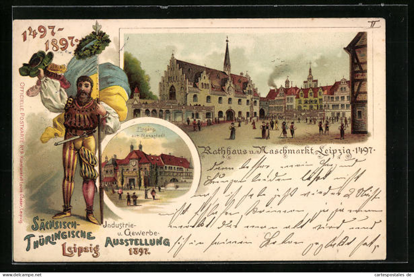Lithographie Leipzig, Industrie - Und Gewerbe-Ausstellung 1897, Messstadt Eingang, Rathaus Und Naschmarkt  - Exhibitions