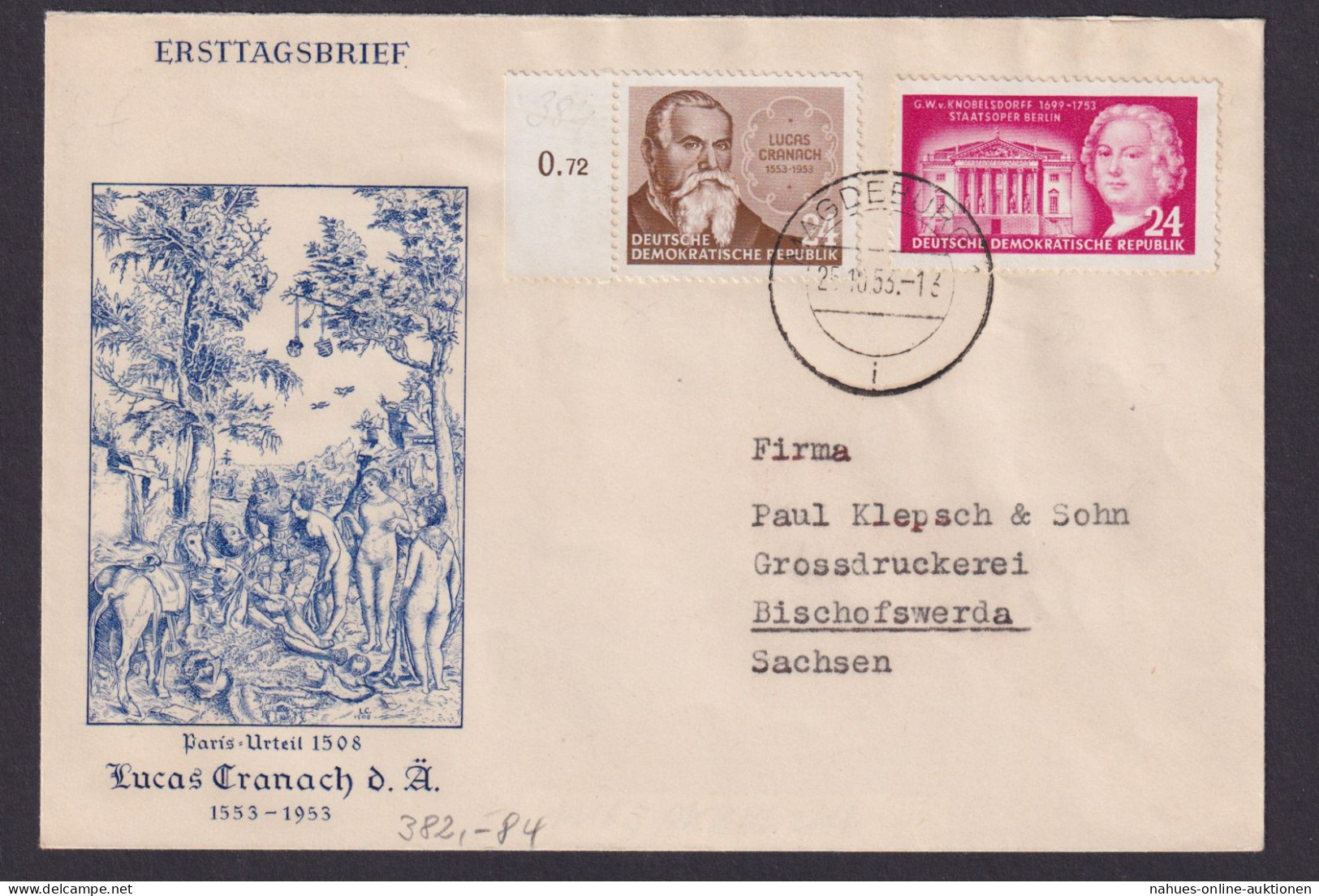 DDR Brief 382 + 384 Baumeister + Lucas Cranach Auf Schönem Umschlag Paris Urteil - Covers & Documents