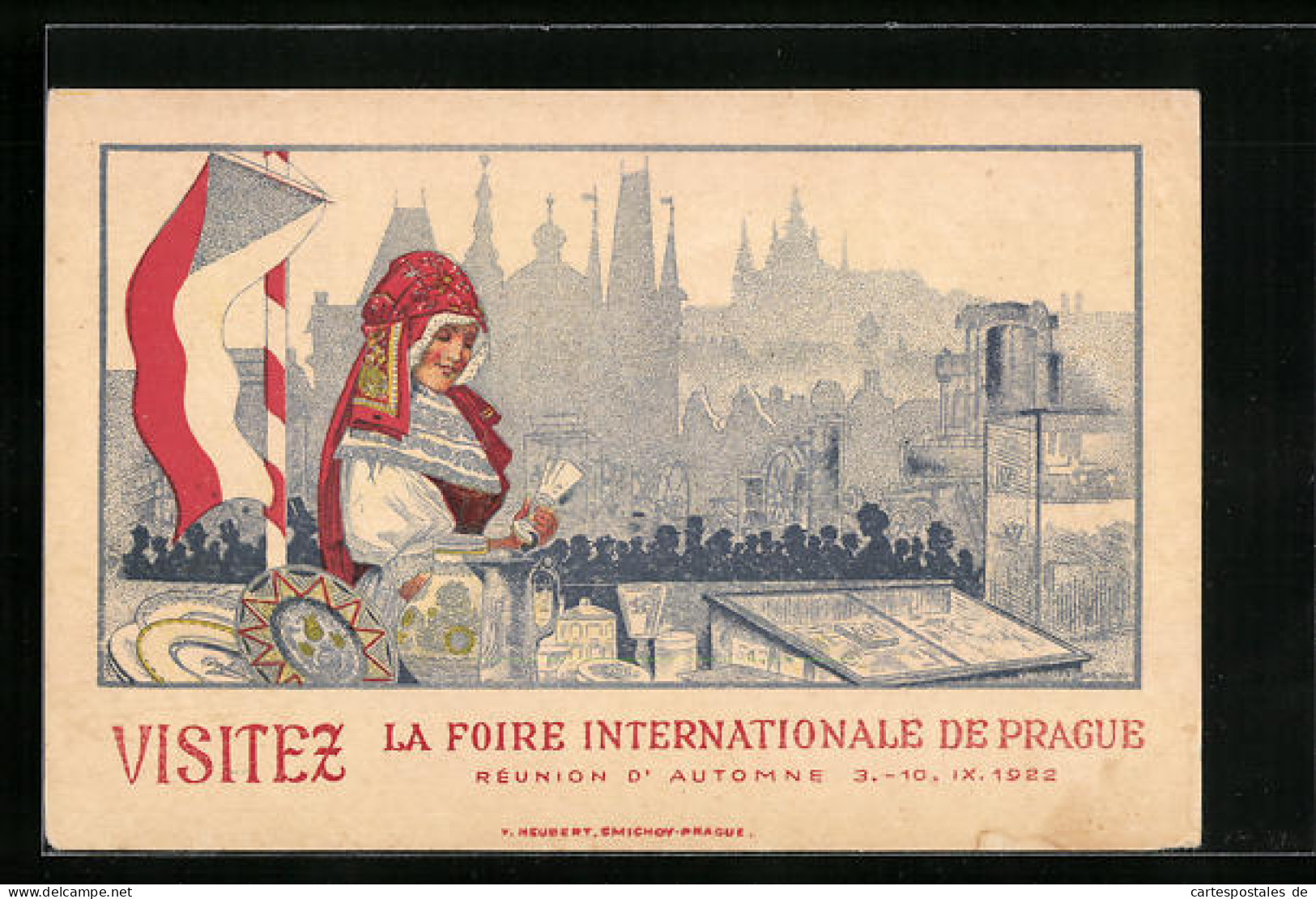 Künstler-AK Prag-Prague, La Foire Internationale 1922, Dame In Tracht Vor Stadt-Silhouette  - Exhibitions