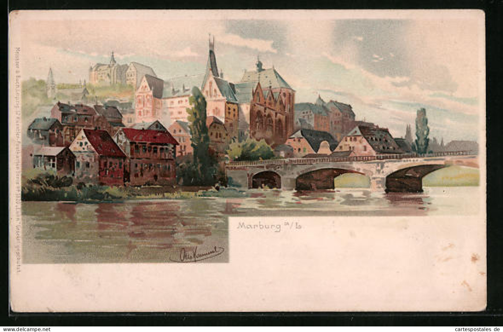 Lithographie Marburg A. L., Uferpartie Mit Brücke  - Marburg
