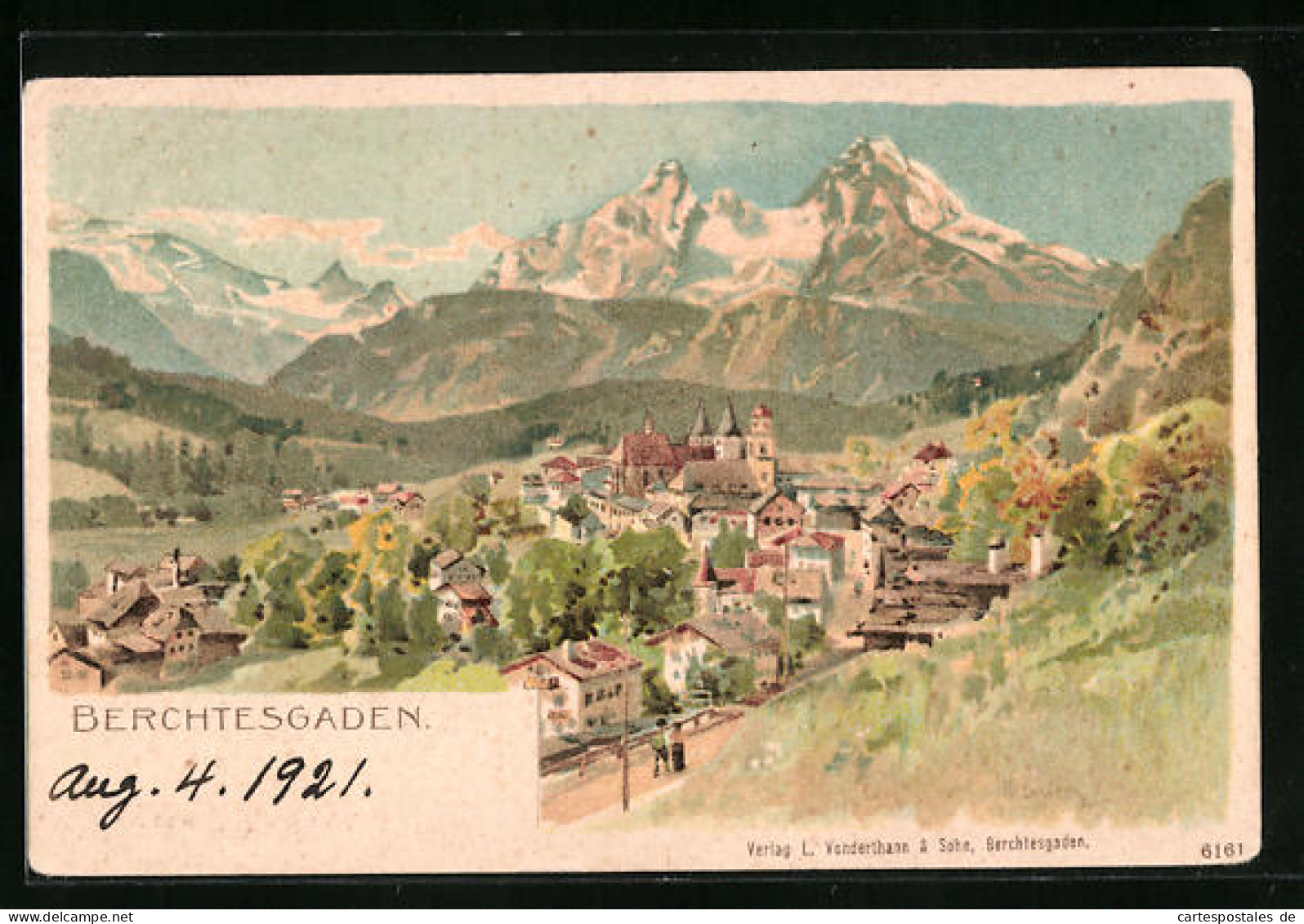 Künstler-AK Berchtesgaden, Ortschaft Vor Bergpanorama  - Berchtesgaden