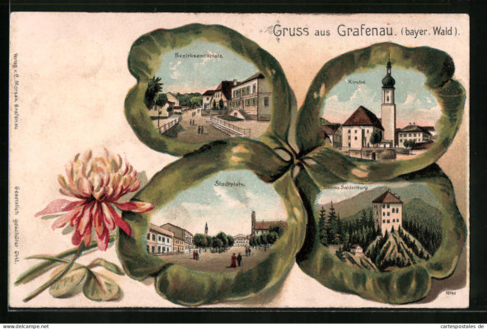 Passepartout-Lithographie Grafenau /Bayer. Wald, Bezirksamtsplatz, Kirche Und Schloss Saldenburg Im Kleeblatt  - Autres & Non Classés