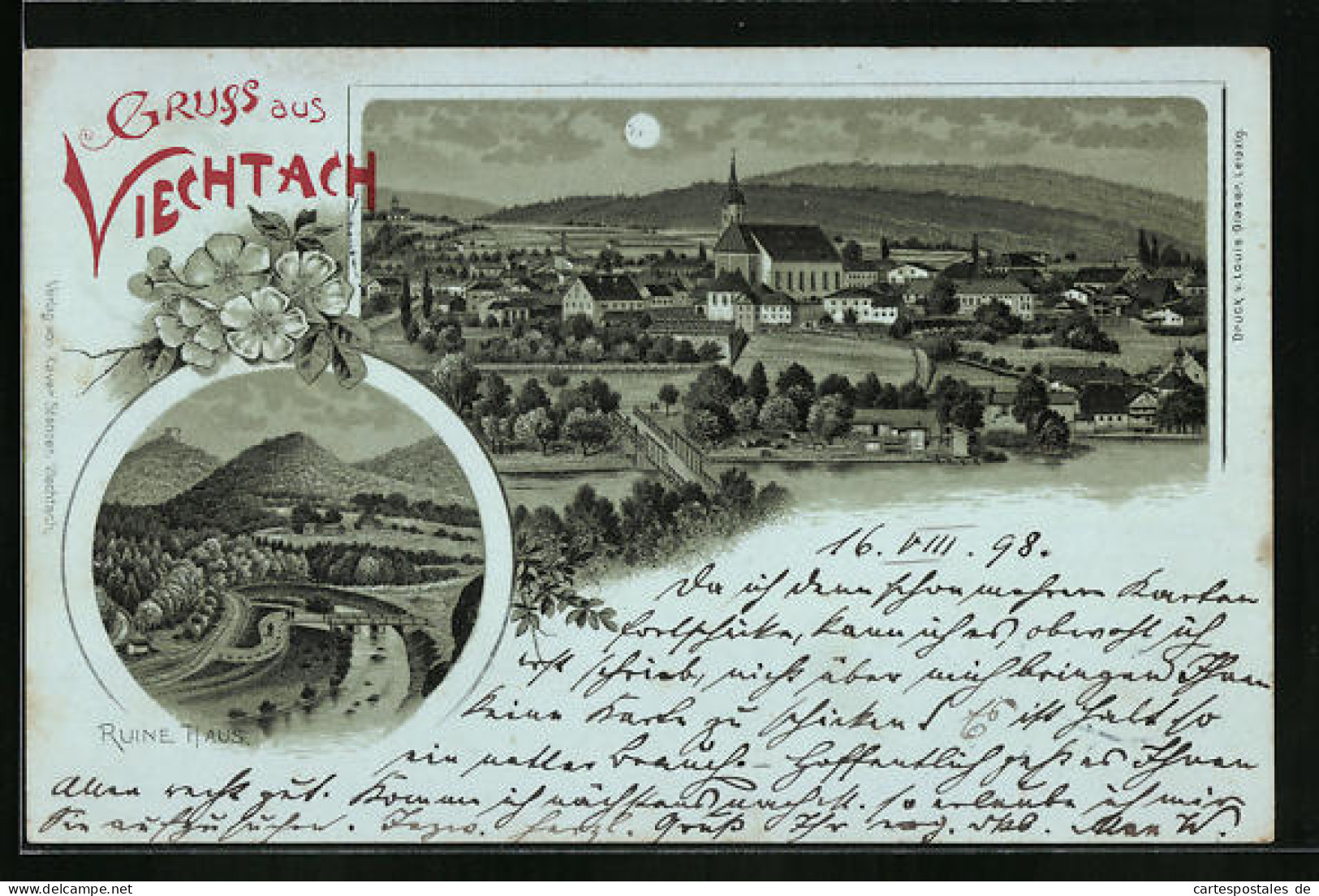 Lithographie Viechtach, Teilansicht Mit Kirche, Ruine Haus  - Other & Unclassified