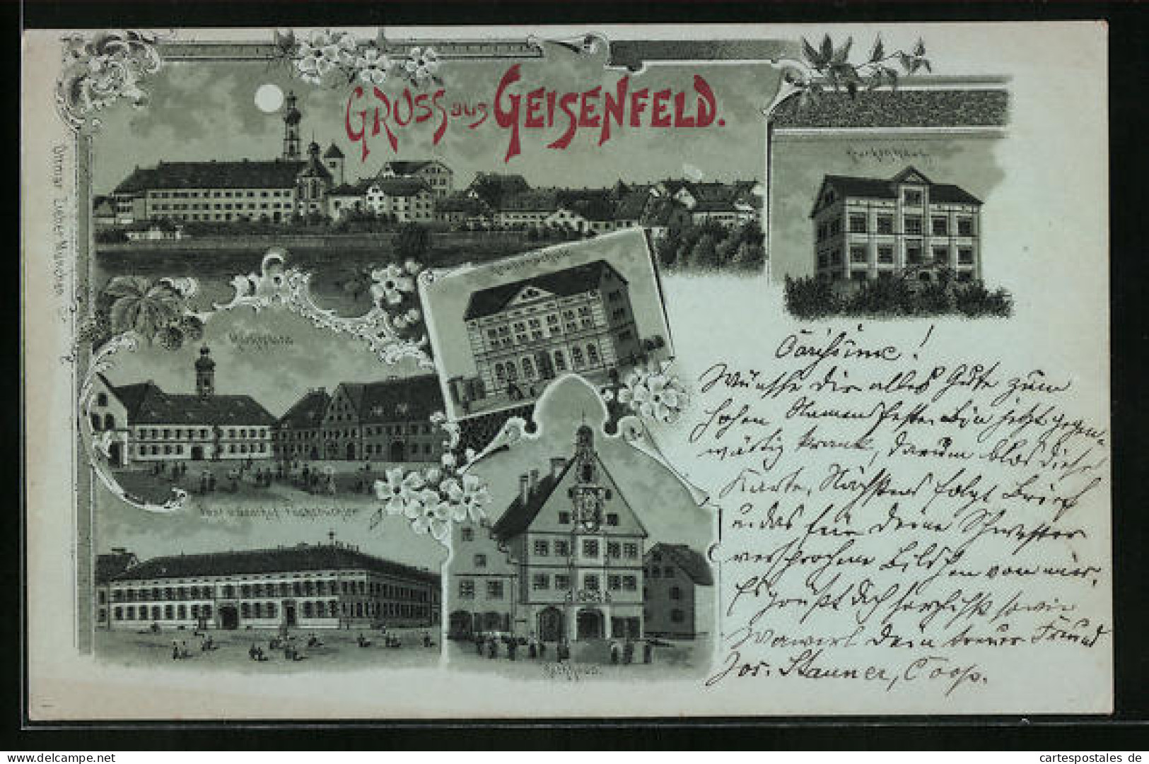 Mondschein-Lithographie Geisenfeld, Post Und Gasthof Fuchsbuchler, Rathasu, Krankenhaus  - Geisenfeld