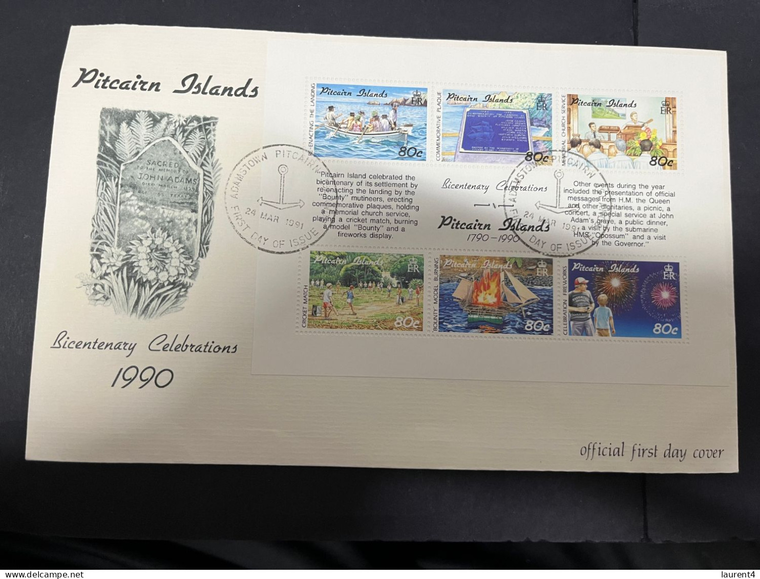 19-5-2024 (5 Z 34) Pitcairn Island M/s FDC - 1991 - Bicentenary Celebrations 1990 (22 X 14 Cm - Large) - Pitcairn