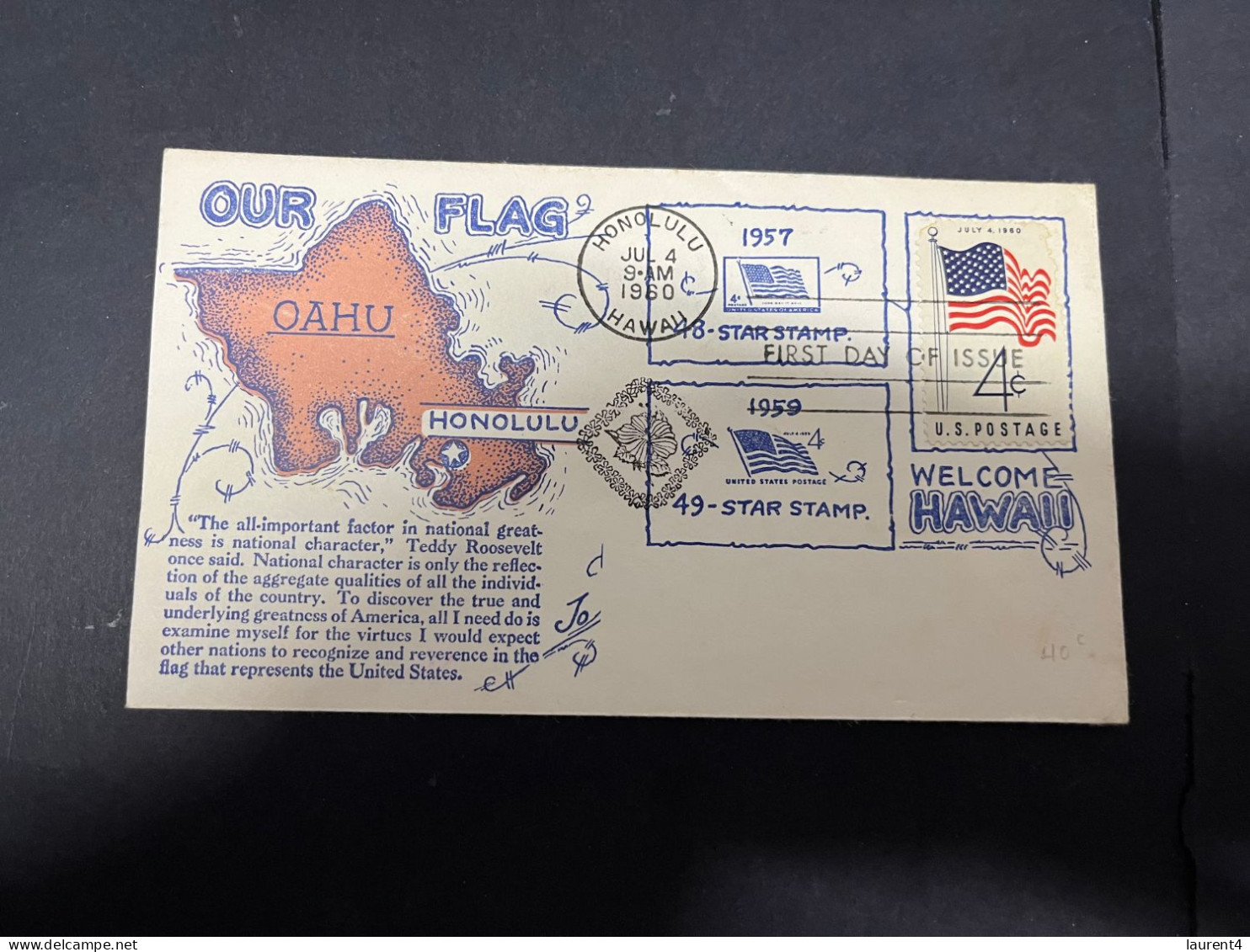 19-5-2024 (5 Z 34) USA 4 Cents Stamp FDC - 1960 - Our Flag - Oahu Honoluluu - Enveloppes