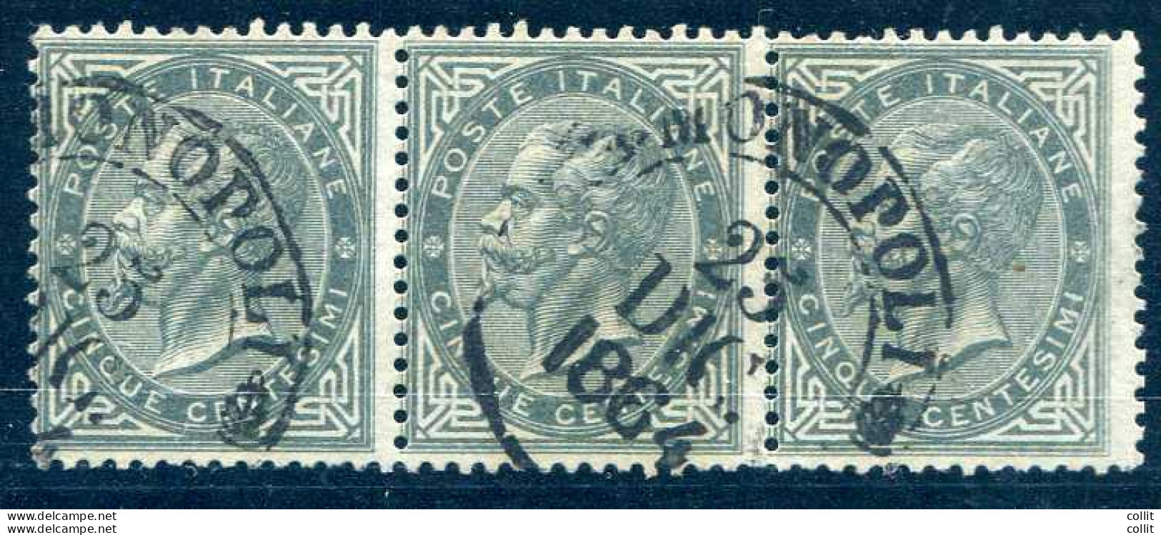Vitt. Emanuele II. Cent. 5 Striscia Di Tre Usata - Mint/hinged