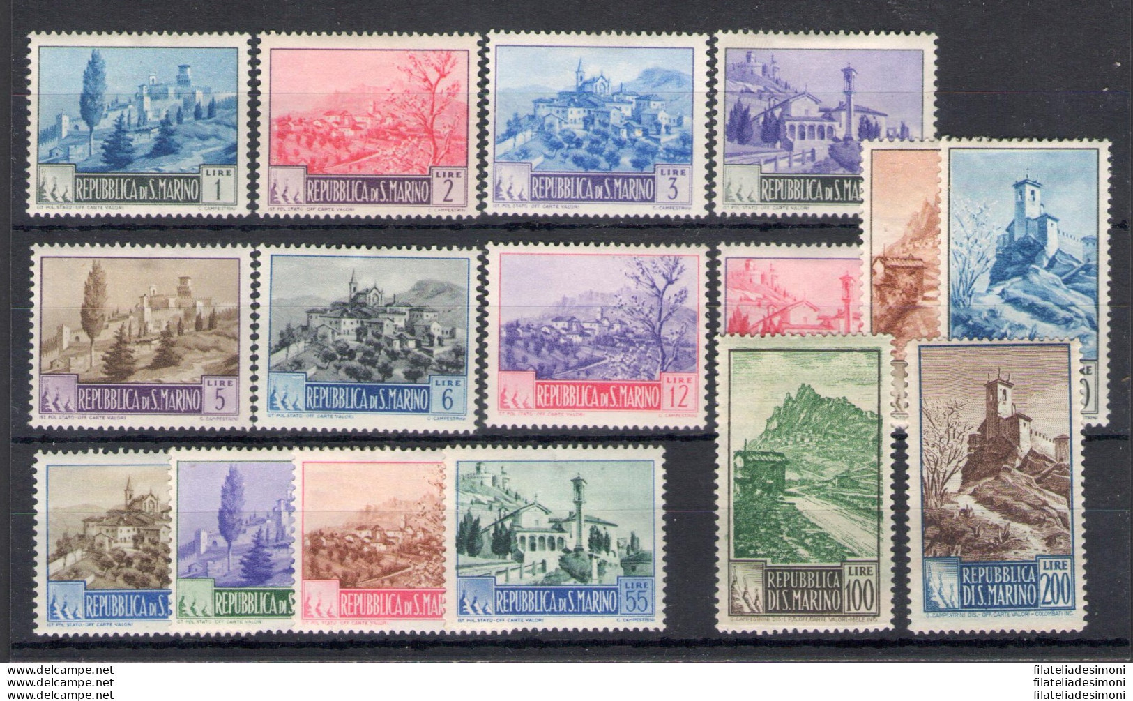 1949-50 SAN MARINO, N. 342-355, Serie Completa Paesaggi,16 Valori, MH* - Serie Linguellata - Sonstige & Ohne Zuordnung