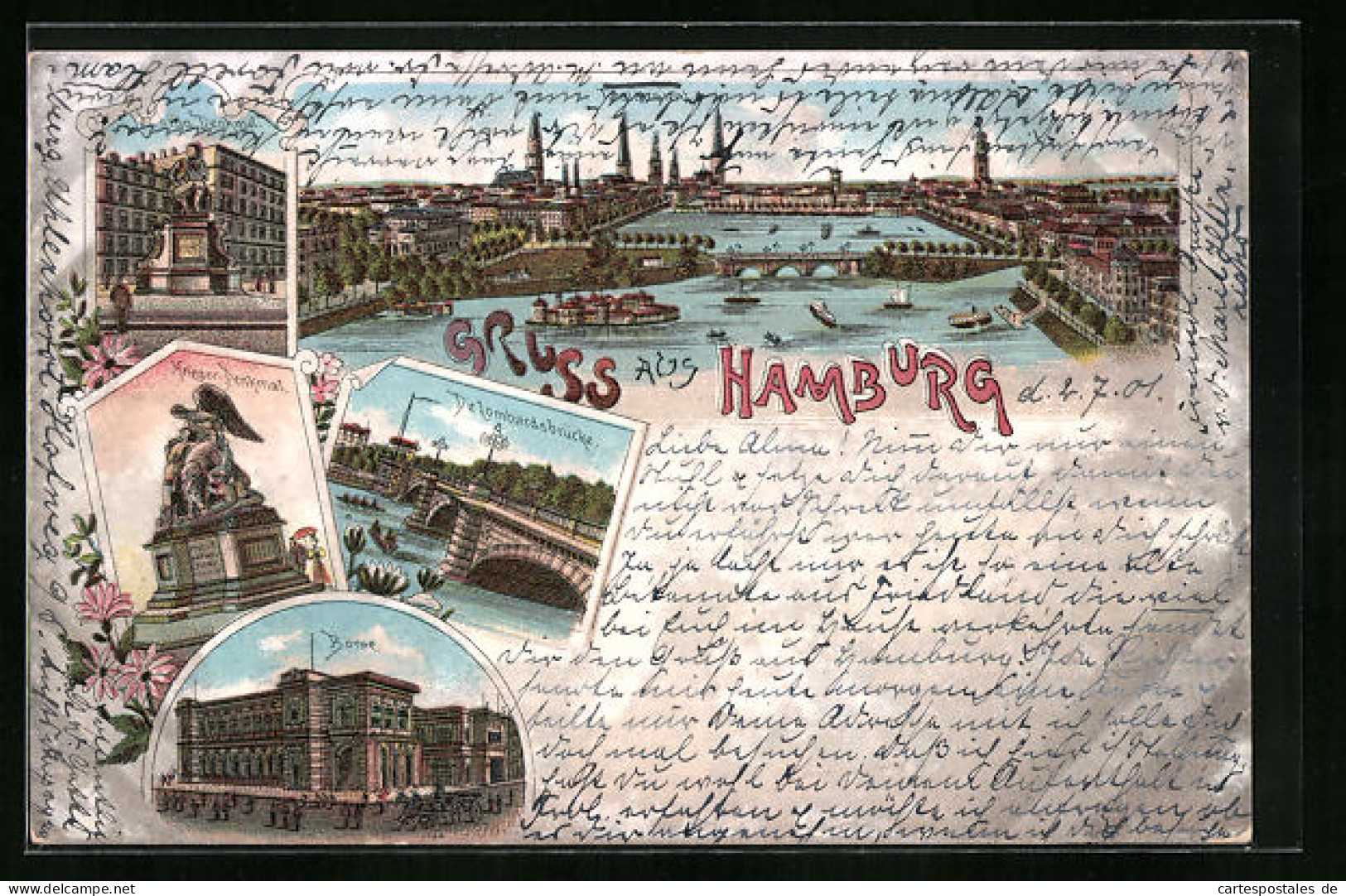 Lithographie Hamburg, Ortsansicht, Lombardsbrücke, Börse  - Mitte